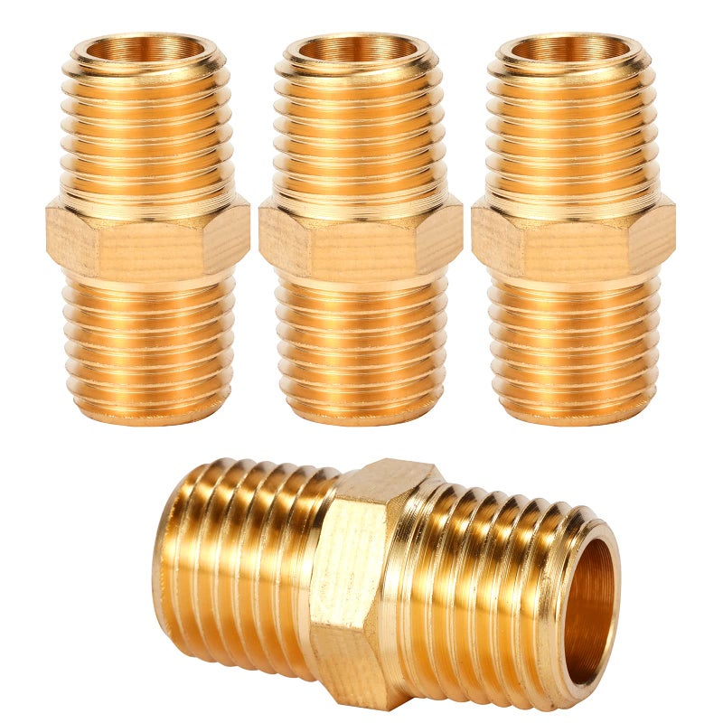 Sanpaint 4 pcs Solid Brass Pipe Fitting, Hex Nipple, 1/4" x 1/4" NPT Male Pipe Adapter (O.D x O.D: 1/2'' x 1/2'') - Image 1
